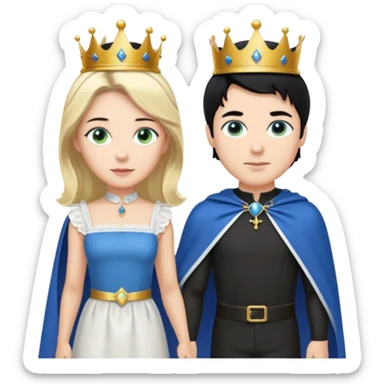 Prince with crown, blue cape and trousers, body and legs, black hair, blue eyes and maid, blonde hair, green eyes, sexy white short sleveless dress,  sticker
