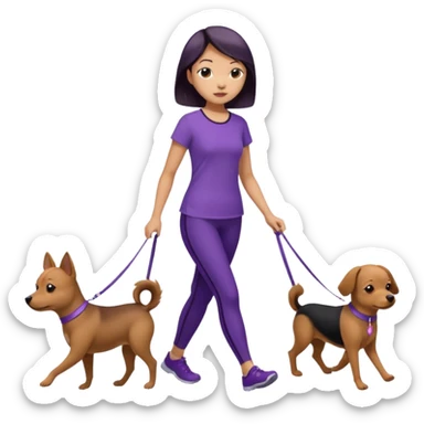 Chinese woman wearing purple top and black leggings walking 1 small brown dog sticker
