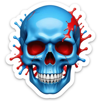 premium black skull with geometric brand patterns, striking electric blue and red paint splashes only within skull contours, perfect detailed fine art quality, three-quarter view sticker