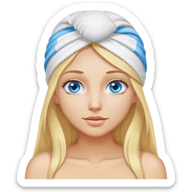 Cinematic realistic blonde with long hair and blue eyes, with a towel on her head sticker