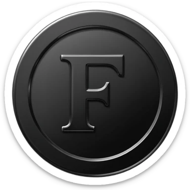Emoji icon of a black coin with engraved letter F, minimalist style, isolated, no color sticker