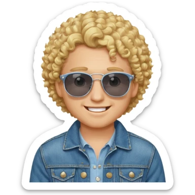 young gentleman emoji, curly blonde hair, wearing a denim jacket and sunglasses, cheerful expression sticker