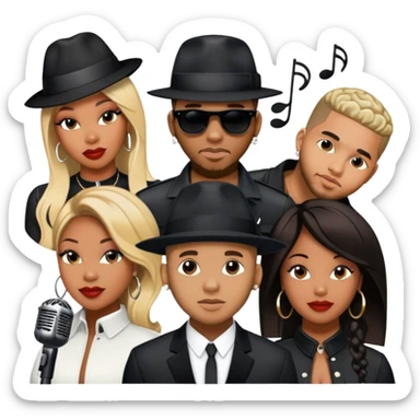 Icon for R&B Music: collage of R&B artists—Victoria Monét, Summer Walker, Usher, Chris Brown, and Muni Long. Each represented by a silhouette or symbolic item like a microphone, fedora, or music notes, reflecting the soul and energy of R&B. Transparent background. sticker