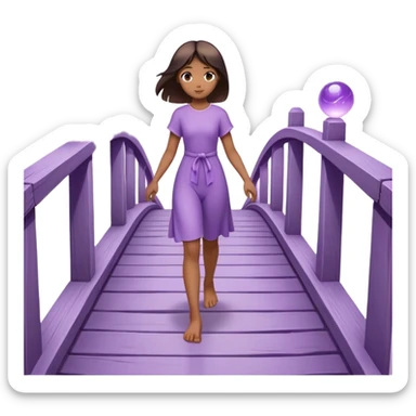 A small figure walks back broken bridge, holding soft 2 violet orbs in hand—symbolizing compassion and forgiveness. A gentle heart aura trails behind them, showing healing in motion. sticker