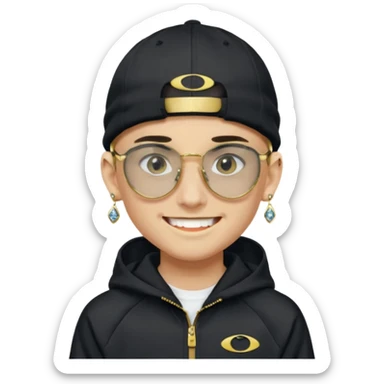 un emoji de un chico emcapuchado blanco, con gorro kalenji, dientes de oro, com uma chaqueta negra nike tech y unas gafas de oakley, con pendientes de diamante, que las gafas sean estilo cuadradas, los pendientes q no se cuelguen, que sean redondos, en las dos cejas un corte sticker