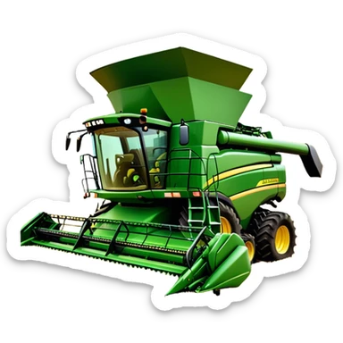 John Deere S780 (2021) – Cinematic-realistic John Deere S780 combine harvester, its bold green frame towering over golden wheat fields. The powerful header swallows crops effortlessly as grain fills the tank, while the setting sun casts a warm glow over the vast farmland. sticker