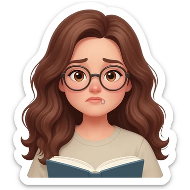 detailed emoji illustration of a curvy woman with long chestnut brown wavy hair, light brown eyes and round glasses reading a book with an emotional expression, touched by the story, emoji style sticker