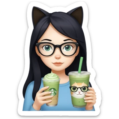 white girl with cat-eye glasses, long black hair and grey-blue eyes holding iced matcha latte sticker
