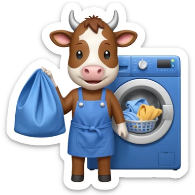 cartoon cow loading laundry into a washing machine sticker