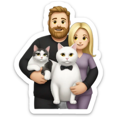Family photo a fat husband with a beard is holding a white cat and wife with straight hair is holding another black cat sticker