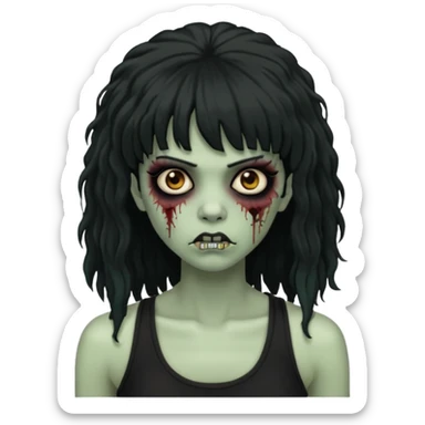 a female zombie with sage green skin, black long afro hair with bangs, and a black tank top  sticker