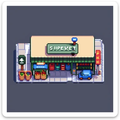 Isometric view of a supermarket building exterior with parking lot, shopping carts, and store sign sticker