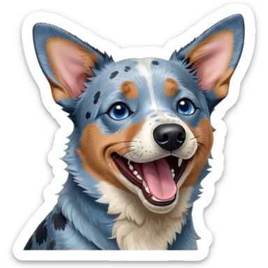 Cinematic Cute Yawning Blue Speckle Australian Cattle Dog Portrait Emoji, Head tilted slightly with a dramatic, wide-open yawn, showcasing a sleek blue speckle Fur with distinct markings, floppy ears slightly drooping, round blue eyes barely open in drowsy contentment, Simplified yet irresistibly adorable features, highly detailed, glowing with a soft, cozy glow, high shine, relaxed yet expressive, stylized with a touch of whimsy, bright and endearing, soft glowing outline, capturing the essence of a sleepy yet affectionate herder, so drowsy it feels like it could stretch out of the screen and curl up for a nap! sticker