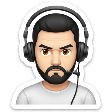 Furious man with furrowed brows, scowling face, black hair, brown eyes, black beard wearing a gaming headset sticker