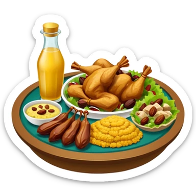 Make an iftar box for Ramadan with dates, jilapi, khichuri, salad, chicken and sharbat. Make an emoji of these. sticker