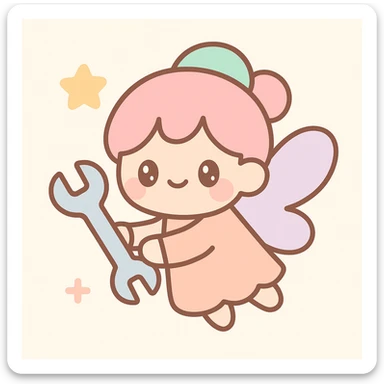 a tiny pink fairy fixing something with a wrench, kawaii style sticker