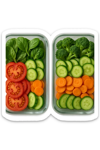 verdure tagliate e sistemate in due schiscette di vetro viste dall'alto, iperrealistico 4k sticker