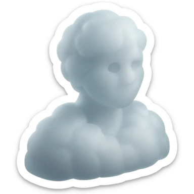 front view portrait of a person made of white fluffy clouds, shoulders up, matte glass style sticker