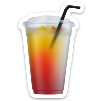 mango tea, yellow and red gradient drink on a clear plastic cup with a black straw sticker