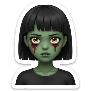 Zombie girl emoji verde escuro com cabelo curto liso preto no ombro e franja na altura da sobrancelha cobrindo completamente a testa, usando uma blusa preta, com a cor dos olhos sendo PRETOS  sticker