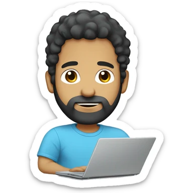 white guy with beard black hair big nose thin face typing in laptop wearing sky blue t-shirt sticker