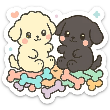 Darken the outlining on the small black dog to make it stand out more, keeping the kawaii chibi style. Leave the large dog and the pile of colorful bones unchanged. Transparent background. sticker