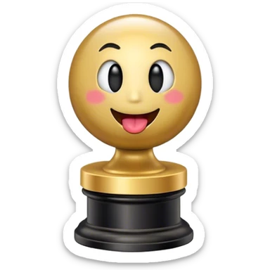An Oscar statuette with a black base and a smiling round emoji face for the head, with its tongue sticking out. The emoji face should have no rosy cheeks. sticker
