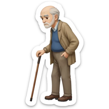 Old man leaning on a walking cane and holding his crancky back with his hand, grumpy face, detailed. Side view with the man going right sticker
