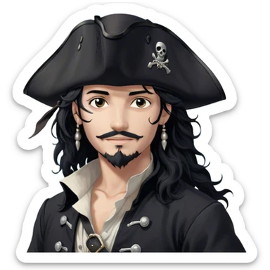 A charismatic pirate with wavy black hair that falls just past his shoulders, tousled slightly by the sea breeze. He wears a black tricorn hat with subtle silver embroidery along the edges, casting a shadow over his sharp, confident features. His piercing dark eyes glint with mischief as he gazes to the side, a knowing smile playing at his lips. His well-fitted black coat, adorned with polished silver buttons and intricate stitching, moves slightly with the wind, revealing glimpses of a deep-crimson waistcoat underneath. A silver chain dangles from his belt, catching the dim golden light of the setting sun. His posture is relaxed yet assured, exuding effortless charm as if he owns the sea itself. sticker