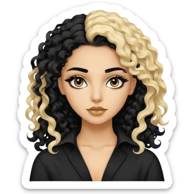 Pale Saudi beauty, pretty baddie, black eyeliner, split dye leftside blonde rightside black curly hair sticker