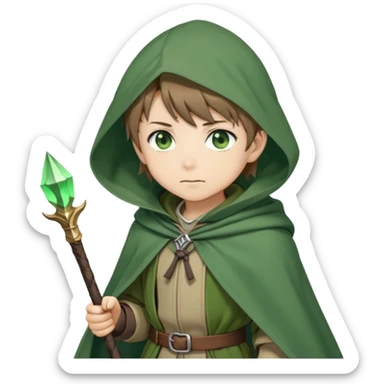 Rudeus Greyrat from Mushoku Tensei, green eyes, short light brown hair, wearing adventurer's outfit with a green cloak, holding a staff, confident and curious expression sticker