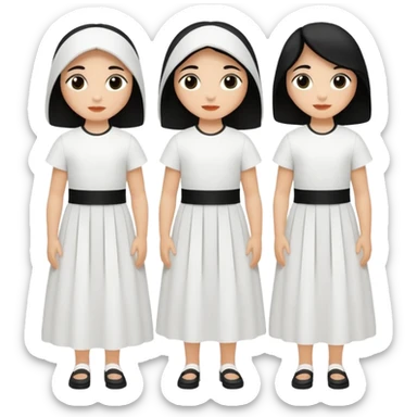 vull un perosnatge estil bimoji que sigui com una nimfa bella i fantasmal amb túniques blanques. Té la pell literalments blanca com el guix, cabell platejat, un nas llarg, ulls negres grans i llavis carmesí. que estigui somrient sense arrecades i roba vermella i blanca sticker