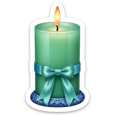 A soft blue candle in an ornate green glass holder, tied with a delicate satin blue bow. sticker