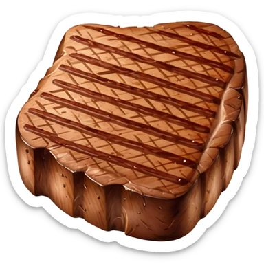 A thick, juicy steak with grill marks on the surface, slightly curved edges, and a reddish-brown seared texture. One side may have a white fatty edge or a small round bone. It appears tender, fresh off the grill, with a delicious, smoky look sticker