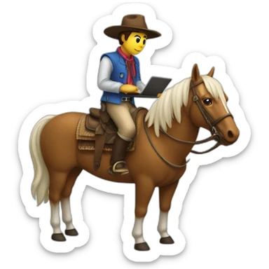gaucho but not wearing a hat, riding on a horse writing code on a laptop sticker