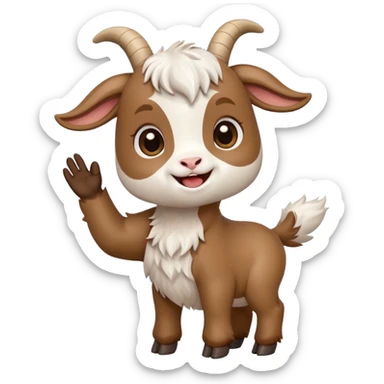 Chibi baby goat with a joyful expression, waving hello with one hoof, simple clean chibi stickers style, designed for a small emote, white background. Make sure that the hoof is not a hand. sticker