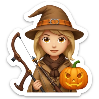 female human monster hunter emoji, wearing brown coat and hat, holding crossbow, soft smile, scarf, glowing pumpkin by her side, Halloween fantasy style, clean vector Apple emoji look, bright colors, white background, square sticker