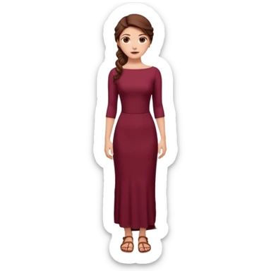 Chica blanca ,ojos marrones, vestido granate ajustado largo, escote barco cuerpo entero ,pelo muy largo y recogido sandalias sticker