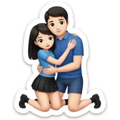 man with dark hair on knees, facing dark haired woman in a micro mini skirt, hugging her waist sticker