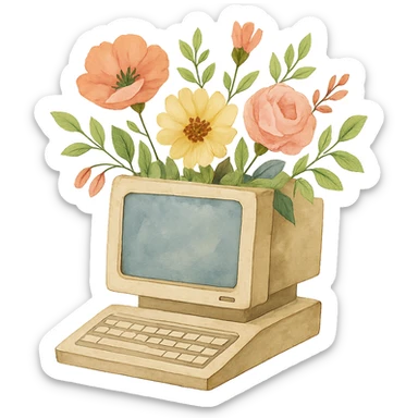 watercolor style computer with flowers growing out of it sticker