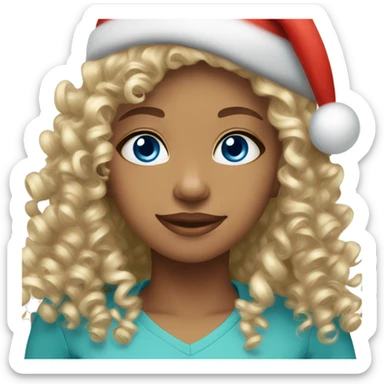 Light skin blue eyes Curly girl wearing Christmas hat sticker