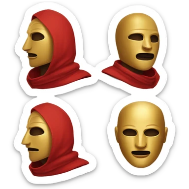 Man with red hooded robe and golden mask sticker