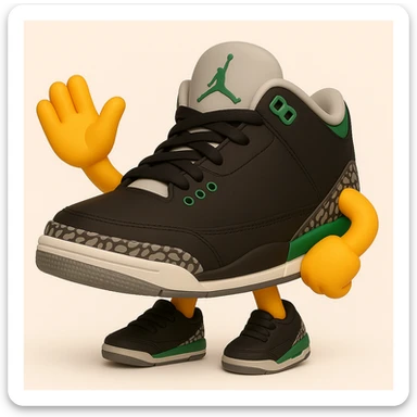 Create a sneaker character with no face, arms and legs, in a waving pose, inspired by 3D emoji style. The style should reflect the look of Microsoft style 3D fluent emojis, focusing on the sneaker character's friendly waving pose. sticker