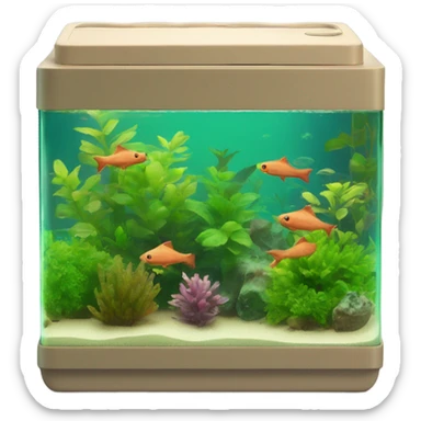 Rectangular fish tank, beige lid and wedges with green plants inside  and  fish in neon colors  sticker