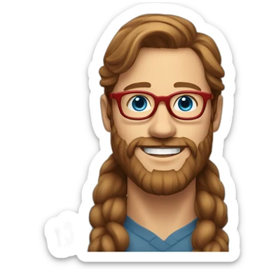 a Scandinavian man with blue eyes long brown hair a beard red glasses and a big smile sticker