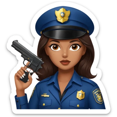 A sexy girl. with caramel skin. Dark brown hair and brown eyes. She has freckles. Wearing sexy makeup. Dressed as a sexy cop. wearing lingerie. Wearing heels on her feet. Holding a gun sticker