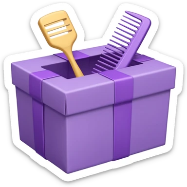 A cute emoji-style illustration of a purple gift box opened, with a comb inside the box. Soft pastel purple tones, simple shapes, rounded edges, clean lines, kawaii style, minimal details, bright and friendly expression, centered composition, transparent background, sticker emoji design sticker