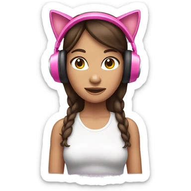Brunette haired girl wearing pink cat headphones  sticker