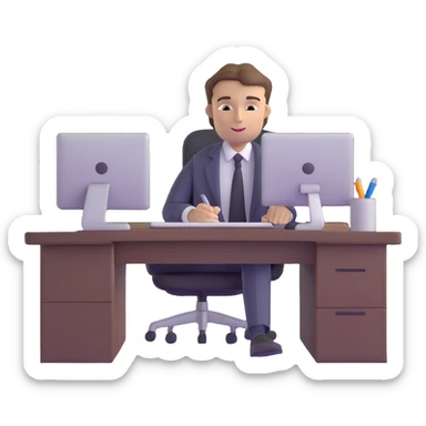 corporate guy with brown hair at a desk, working on CRM software sticker