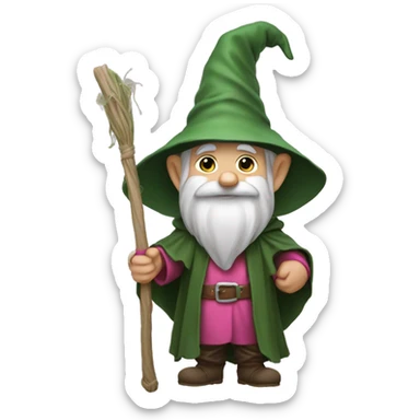 a gnome in a green cloak, a sage's hat and a pink net in his hand. sticker